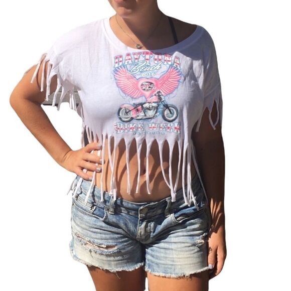 Exist Daytona Beach Bike Week Tasseled Cotton Short Sleeve Crop Top - Picture 6 of 6